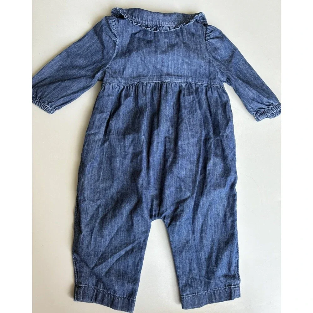 Baby Gap Blue Denim Look Romper 3-6 Months Embroidered Collar Long Sleeve